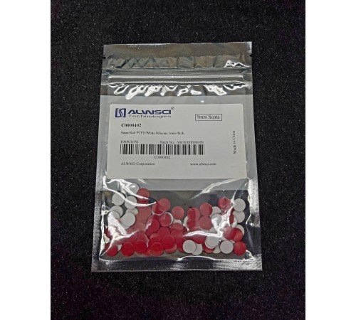 Септа 9-425 красная PTFE/белый силикон, 9 мм, толщина 1 мм, 100 шт./упак. Септа 9-425 красная PTFE/белый силикон, 9 мм, толщина 1 мм, 100 шт./упак.